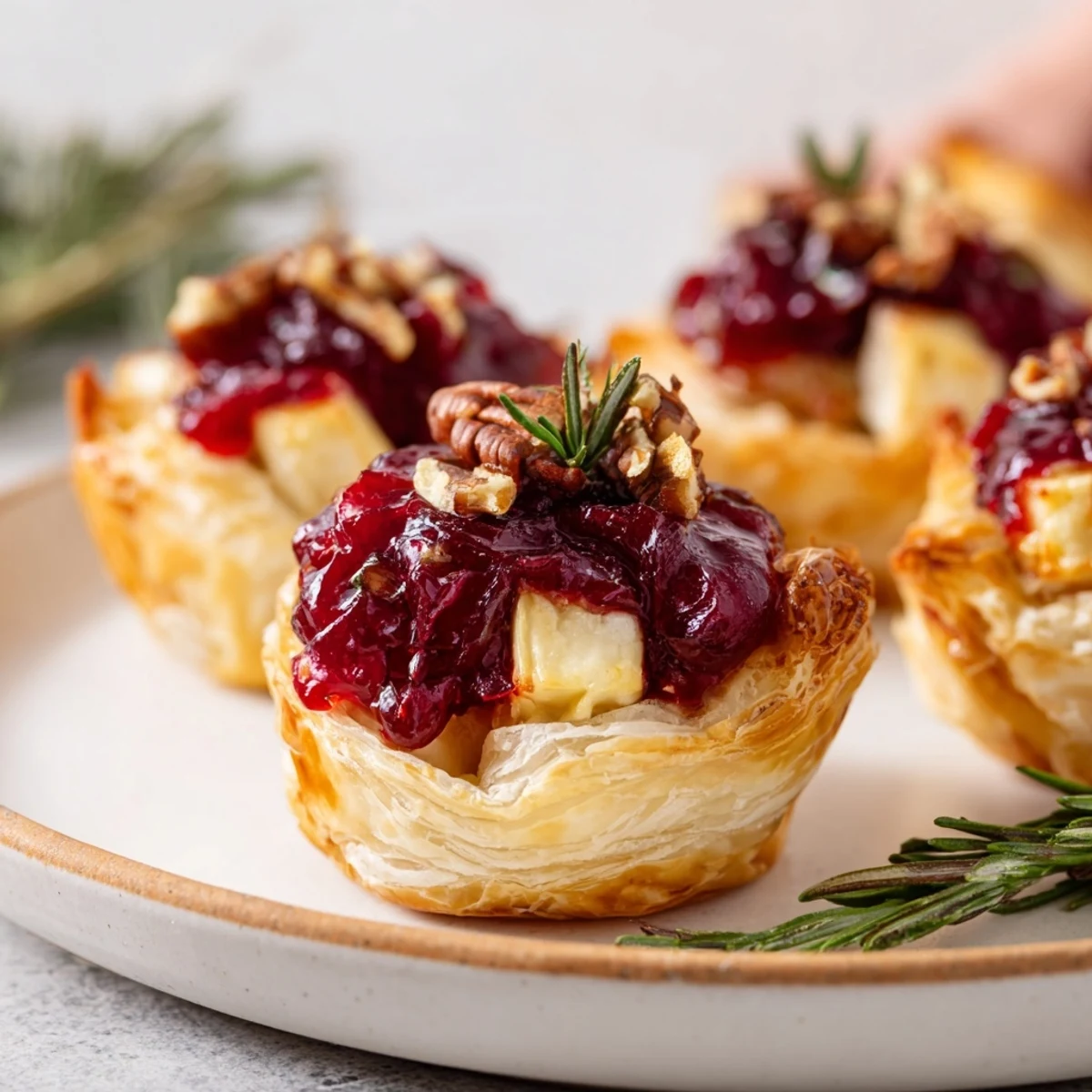 Warm cranberry brie bites, featuring melted cheese and a sweet-tart cranberry topping, ready to enjoy.