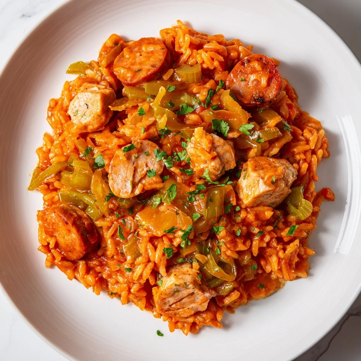 A steaming bowl of Simple Chicken and Sausage Jambalaya Bake, garnished with fresh parsley.
