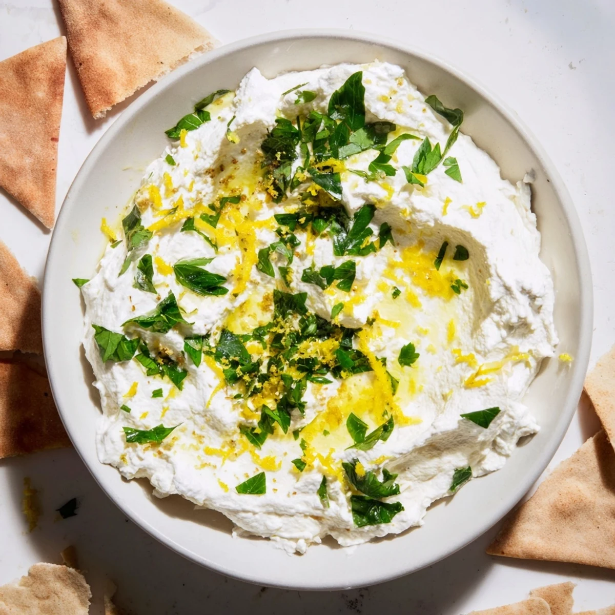 Creamy whipped feta dip, herbed and spiced, ready to serve with colorful vegetables and pita.
