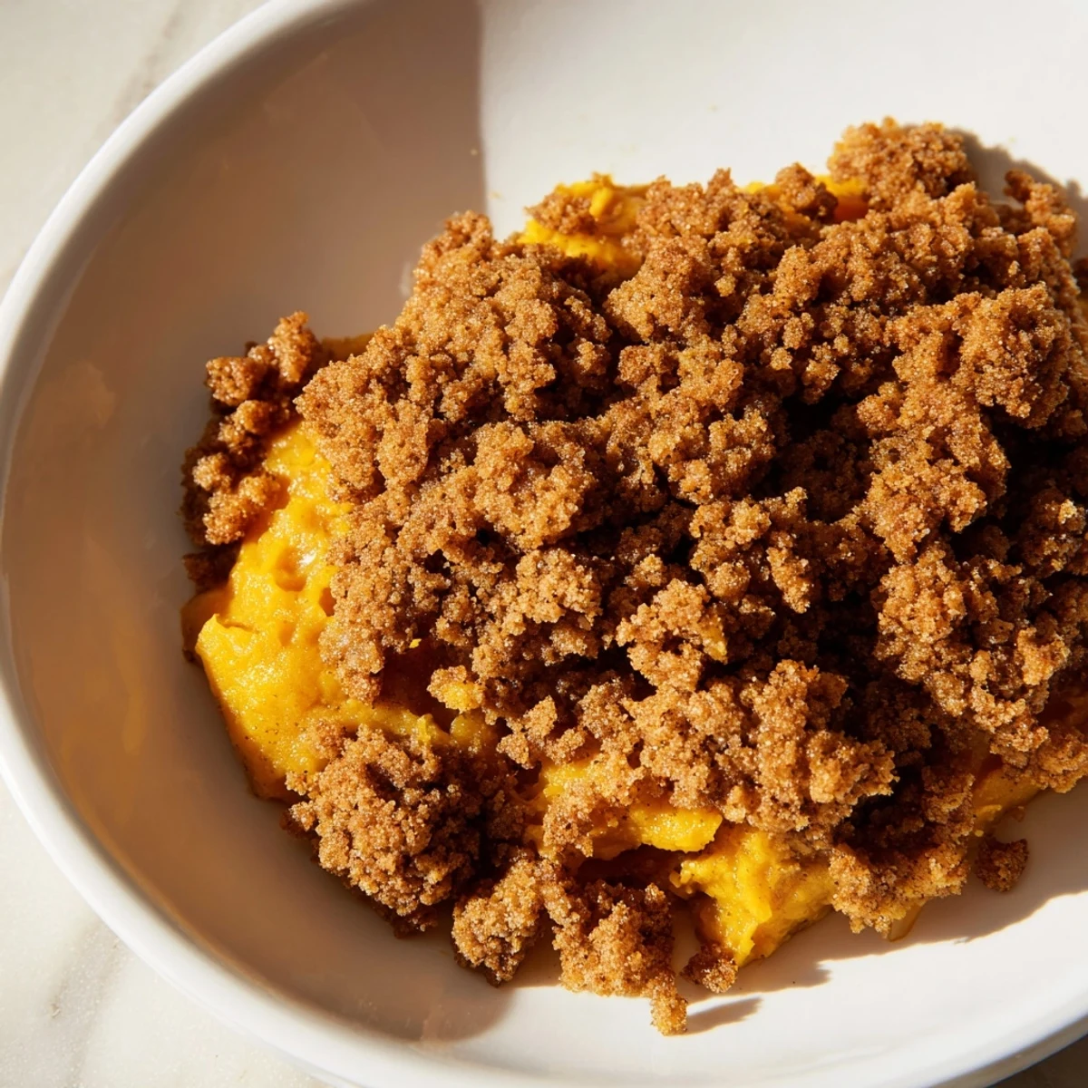 Golden-brown Pumpkin Crisp, a warm dessert with a bubbly pumpkin base under a sweet crumble.