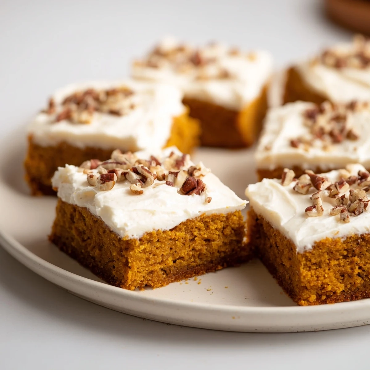 Warm, inviting picture of freshly baked pumpkin bars with a generous brown sugar frosting.