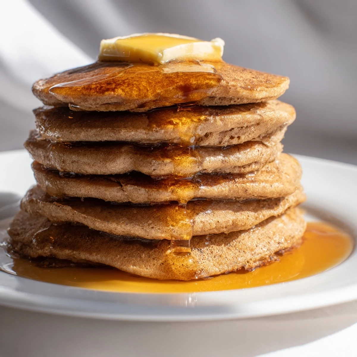 Warm, spiced gingerbread pancakes stacked high, perfect for a cozy, delicious brunch at home.