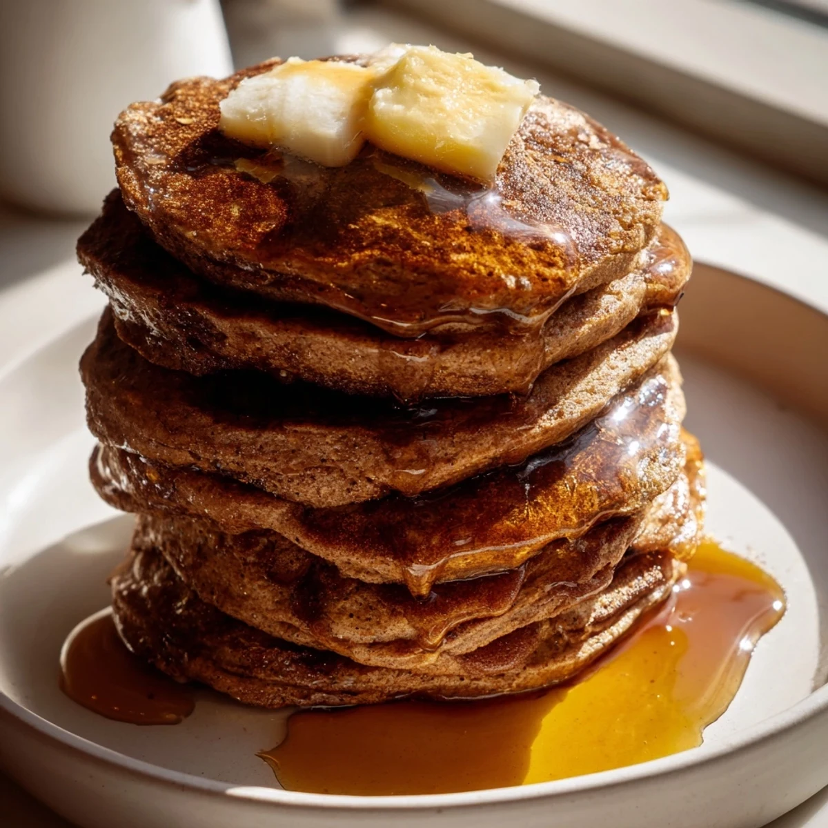 Homemade gingerbread pancakes with a light dusting of powdered sugar, making a delightful breakfast treat.