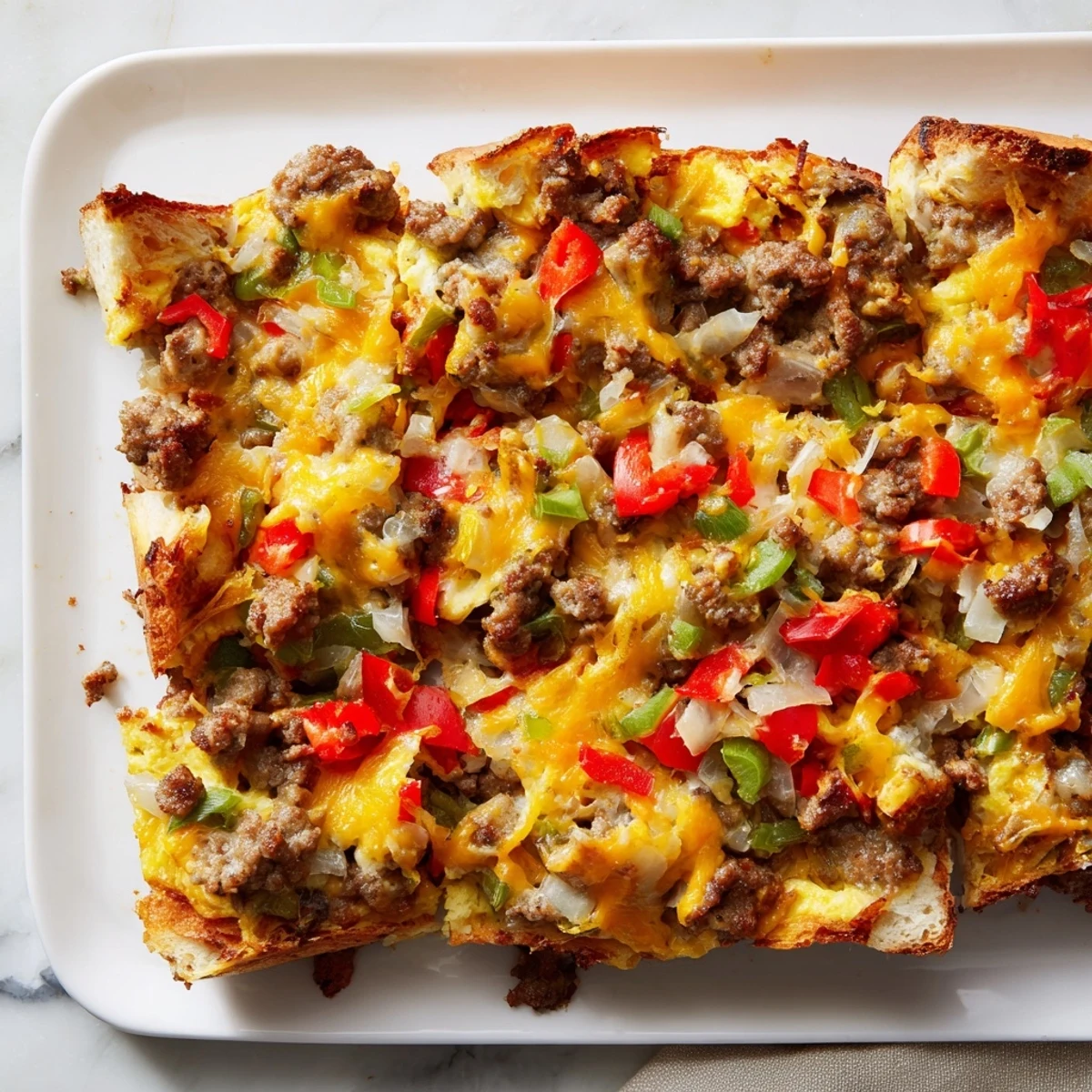 Golden-baked Lightning-Fast Breakfast Sausage Casserole, with cheese bubbling atop a hearty breakfast.