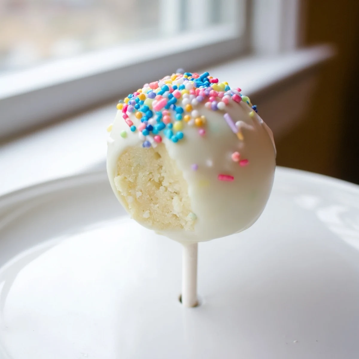 Frosted lightened-up sugar cookie cake pops, bite-sized and coated in creamy white chocolate.