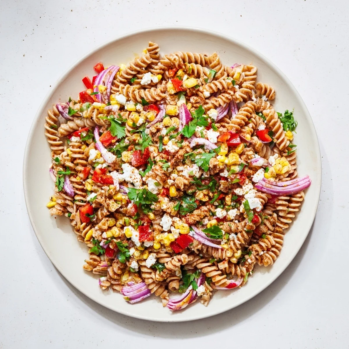 Healthier Mexican Street Corn Pasta Salad with charred corn, fresh lime, and creamy yogurt, ready to serve.