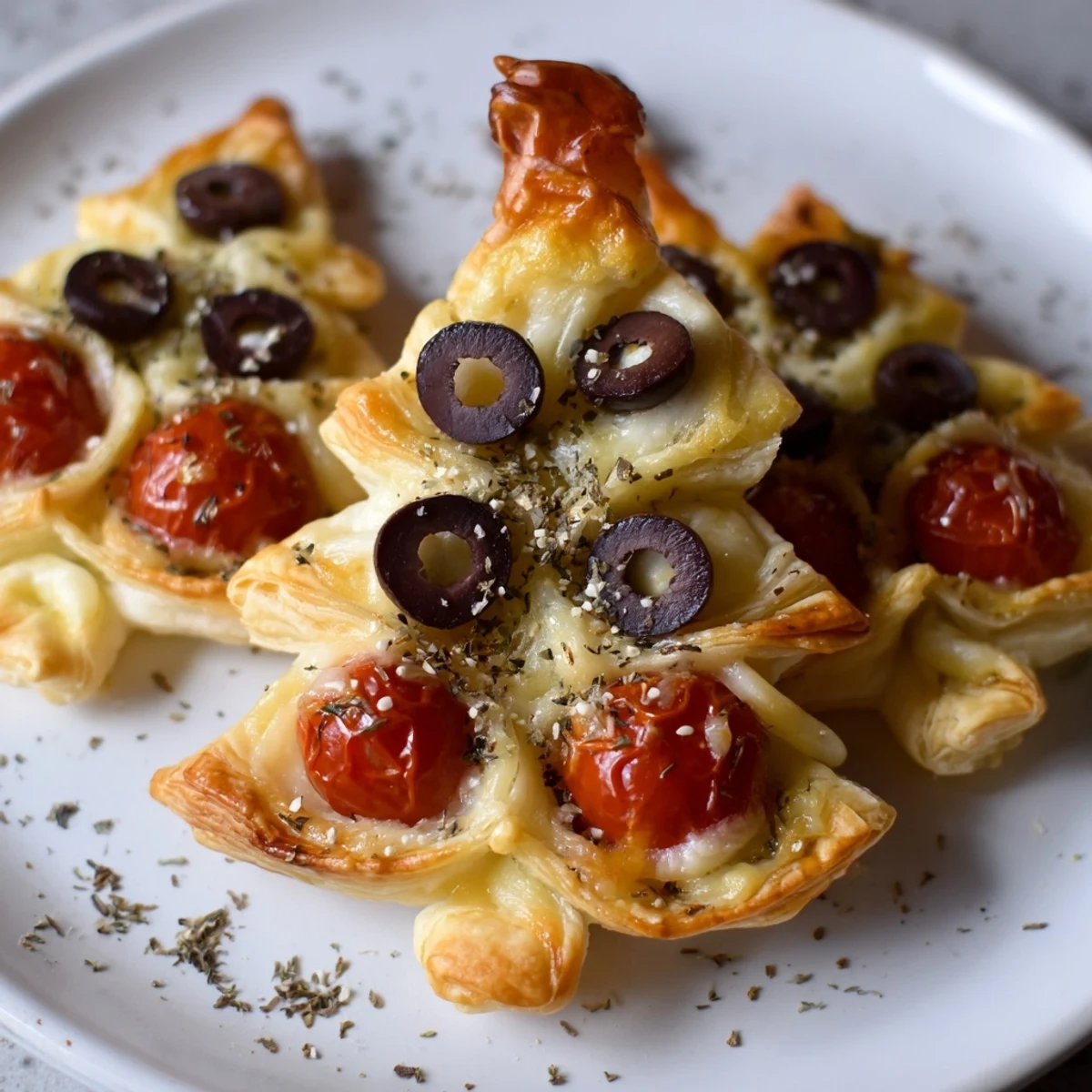 Golden, bubbly Puff Pastry Christmas Tree Pizza Bites topped with melted cheese, perfect for a cozy snack.