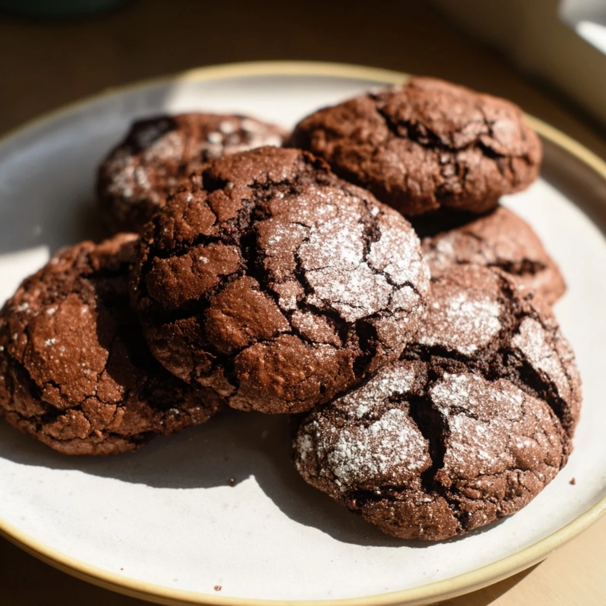 Close-up of perfect air-fried chocolate crinkle cookies, showing their crinkled tops and soft, fudge-like interior.