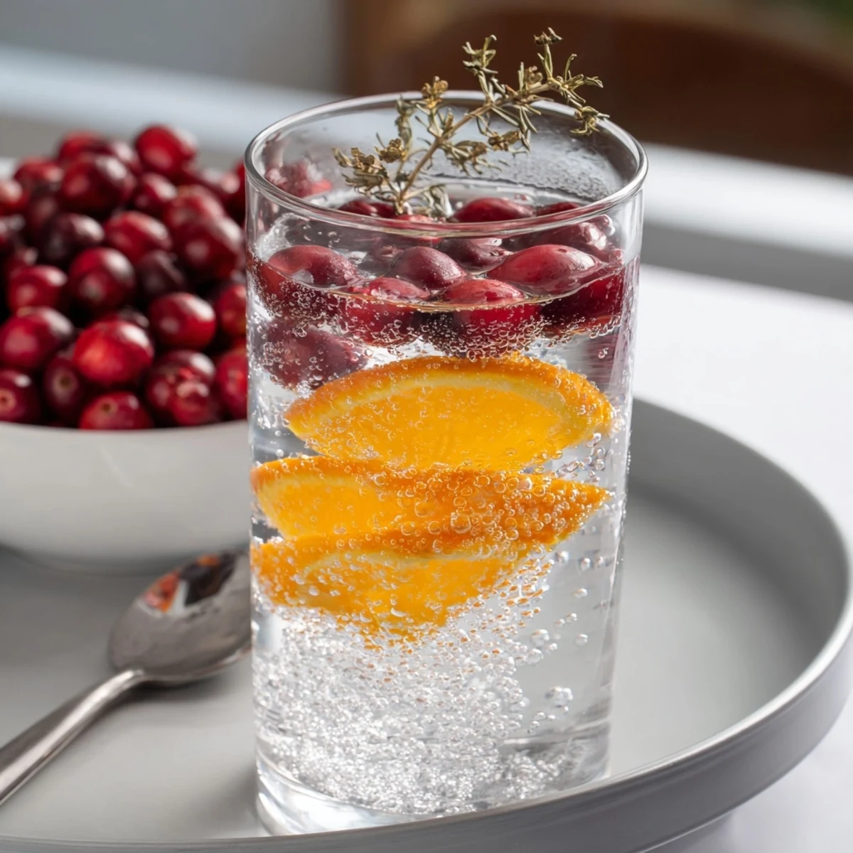 Festive Snow Globe Mocktail recipe shows bright frozen cranberries in a sparkling citrus drink, delightfully refreshing.