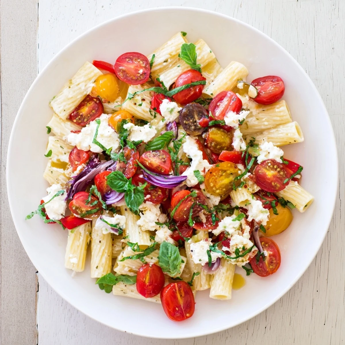 Golden baked feta nestled in one-pan baked feta Christmas pasta with vibrant, bursting cherry tomatoes.