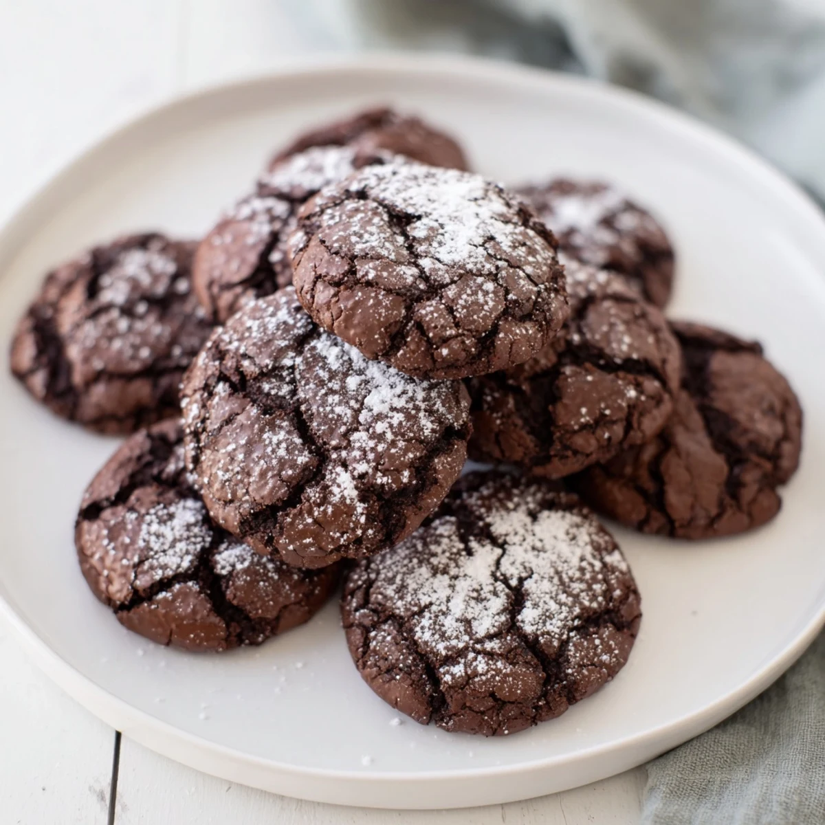 Air-Fried Chocolate Crinkle Cookies: A close-up of fudgy cookies, coated in powdered sugar, ready to enjoy.