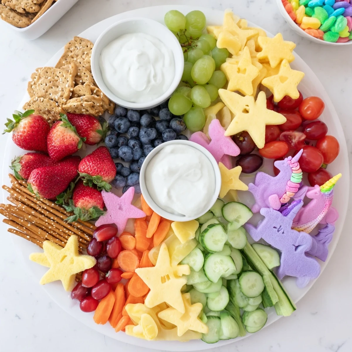 Vibrantly colorful Unicorn Party Platter with fresh fruit, veggies, and whimsical unicorn treats for sharing.
