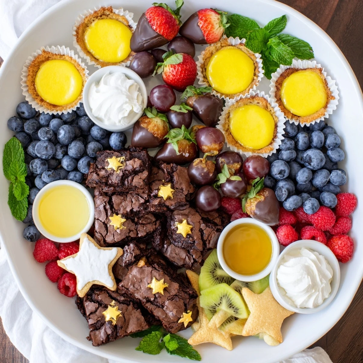 A colorful Star-Studded Dessert Board overflowing with mini treats, fruits, and creamy dips, ready to serve.