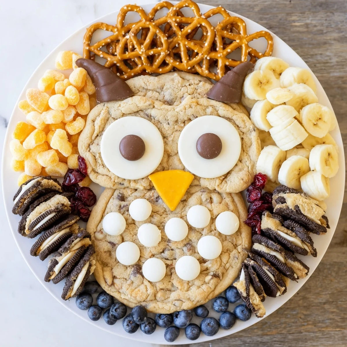 A beautifully arranged Owl Hooting Dessert Board with chocolate, cookies, and colorful fruit.