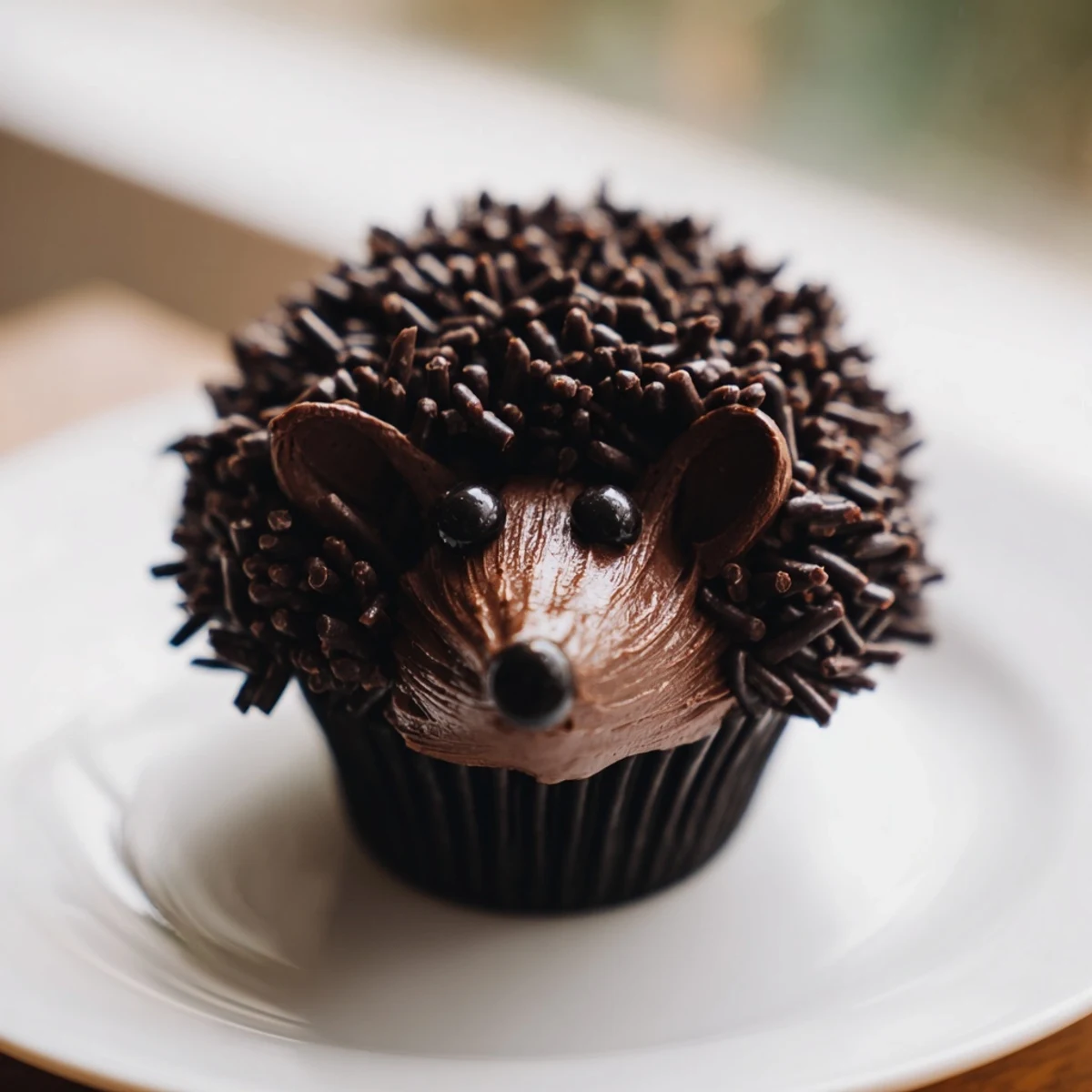 Chocolate sprinkles cover the backs of hedgehog cupcakes in a whimsical party-ready tower.
