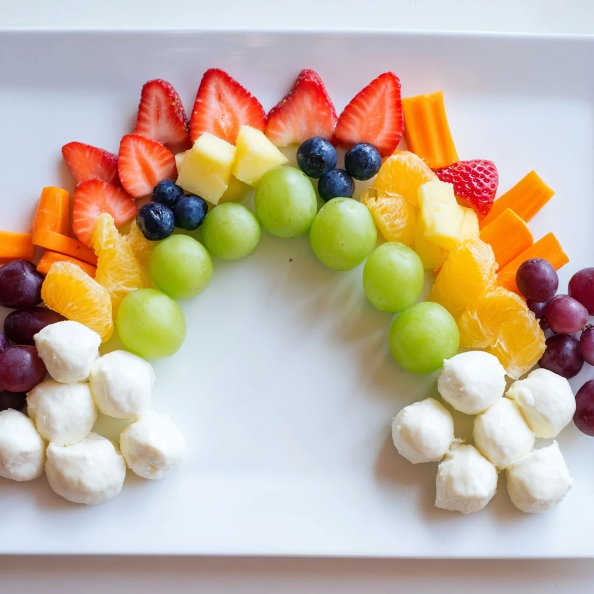 Delicious Rainbow Cloud Snack Board brimming with colorful fruits, a fun and healthy snack idea.