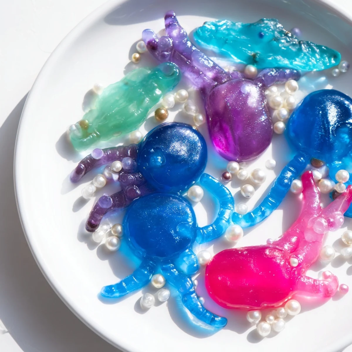 Jellyfish Candy Platter: A vibrant dessert platter with glistening, colorful jellies and gummy jellyfish.