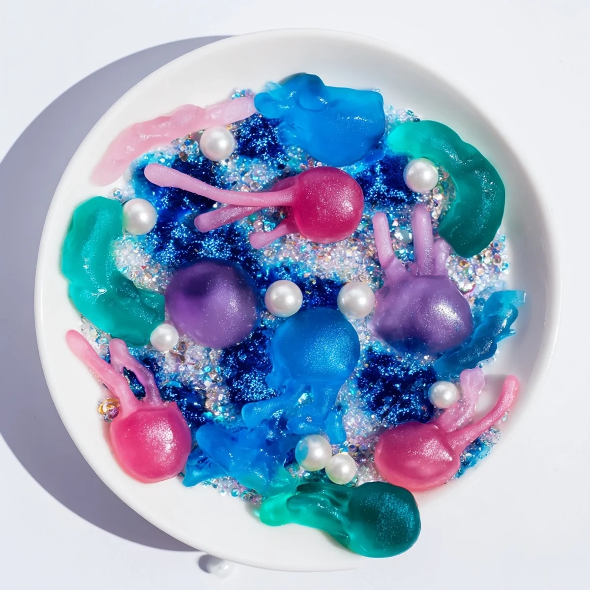 Vivid Jellyfish Candy Platter displays whimsical candies with gummy worms, ocean-themed accents, ready to serve.