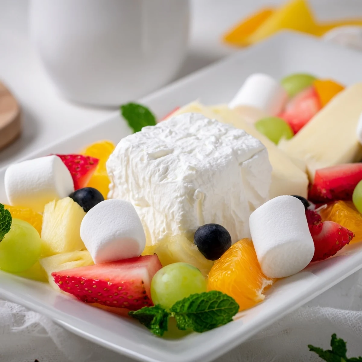 Cloud & Rainbow Grazing Board: A vibrant platter bursting with colorful fruits, cheeses, and sweet treats.