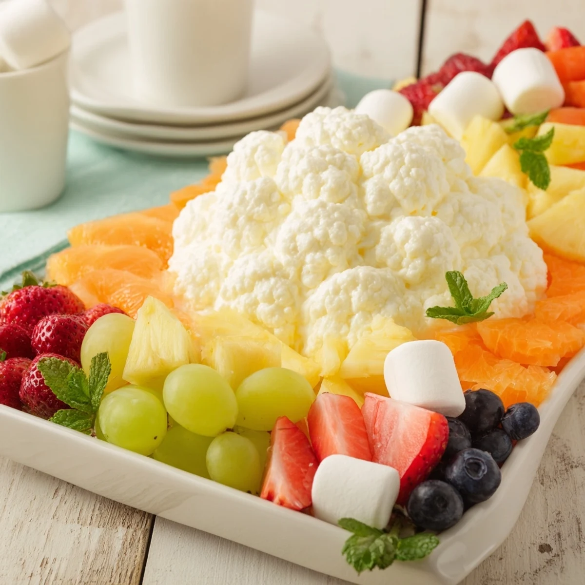 This Cloud & Rainbow Grazing Board features fluffy cream cheese clouds with a rainbow of fresh fruit alongside.