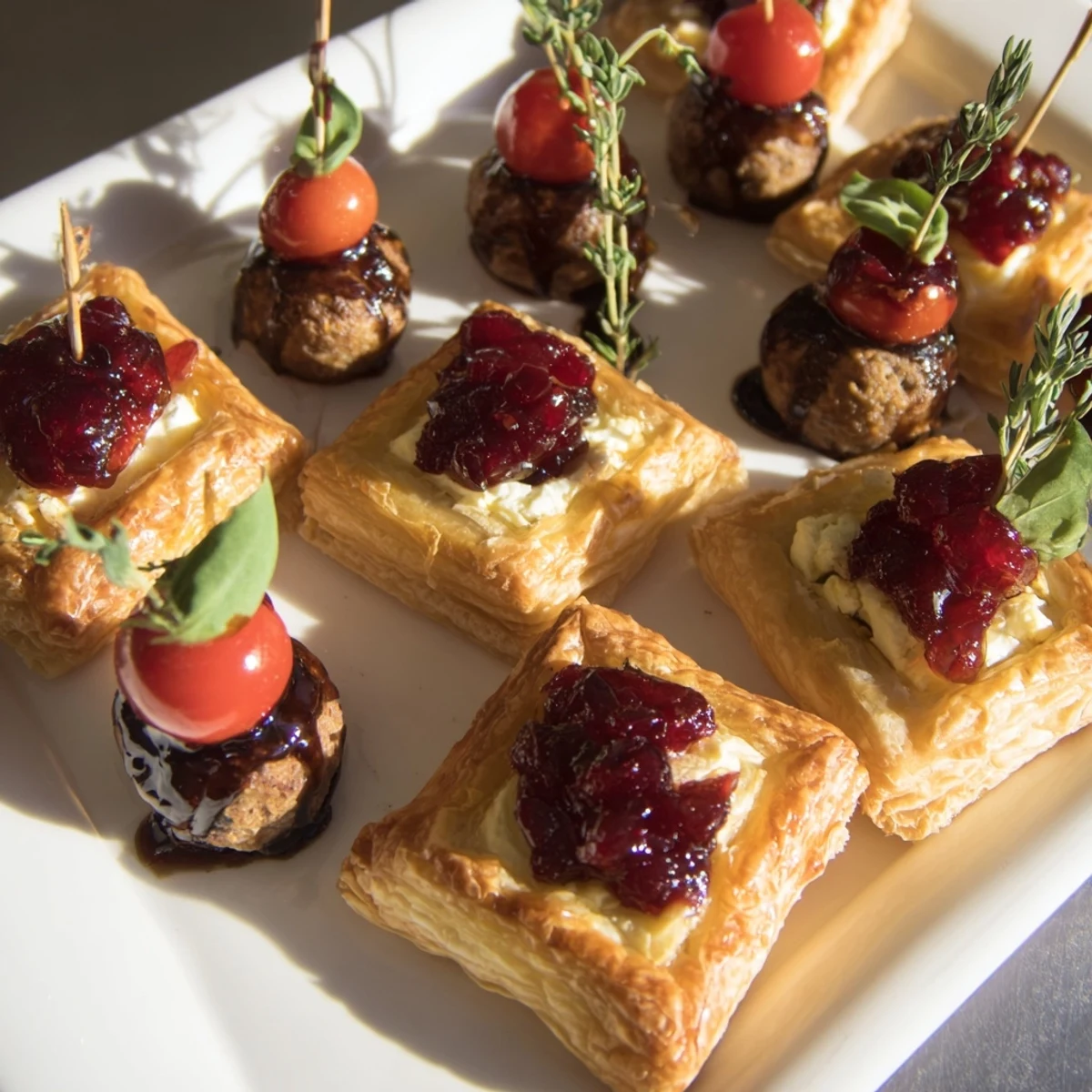 A party-ready Joy to the World Festive Appetizer Trio presenting colorful skewers, mini meatballs, and flaky pastries to enjoy!