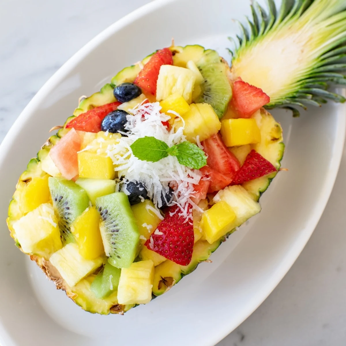 A colorful Tropical Bliss Pineapple Fruit Boat overflowing with fresh summer fruit, perfect for sharing.