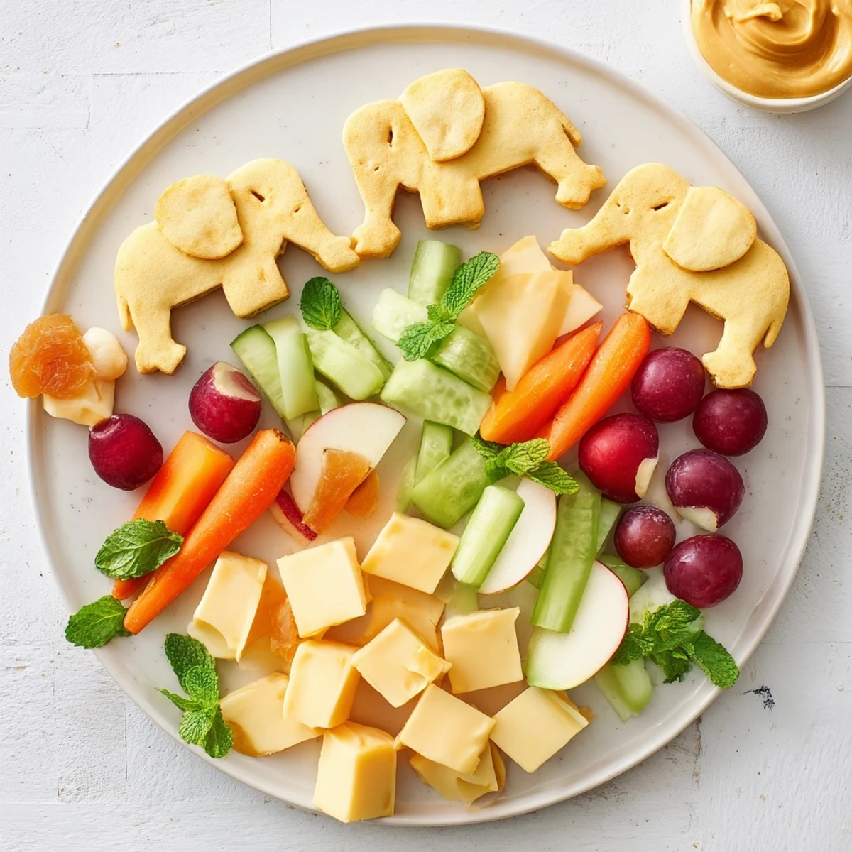 Elephant Cracker Board: A close-up showcases crackers with cheeses, fruits, and dips, ready to serve as a party snack.