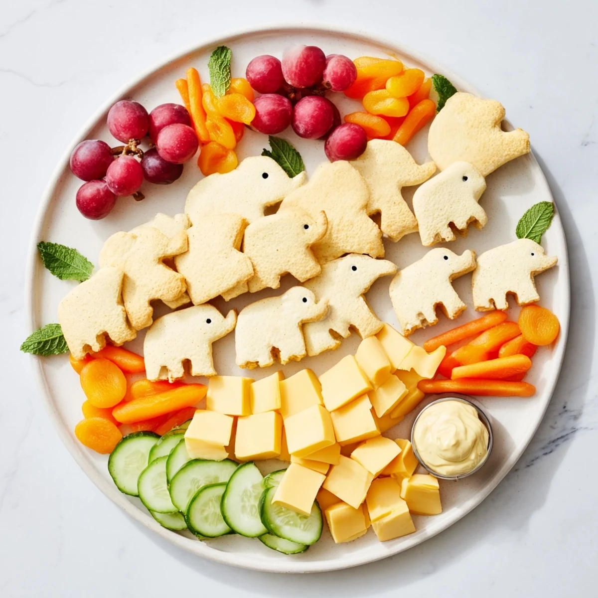 Visually appealing Elephant Cracker Board featuring cheddar, grapes, and hummus—perfect for sharing with loved ones.