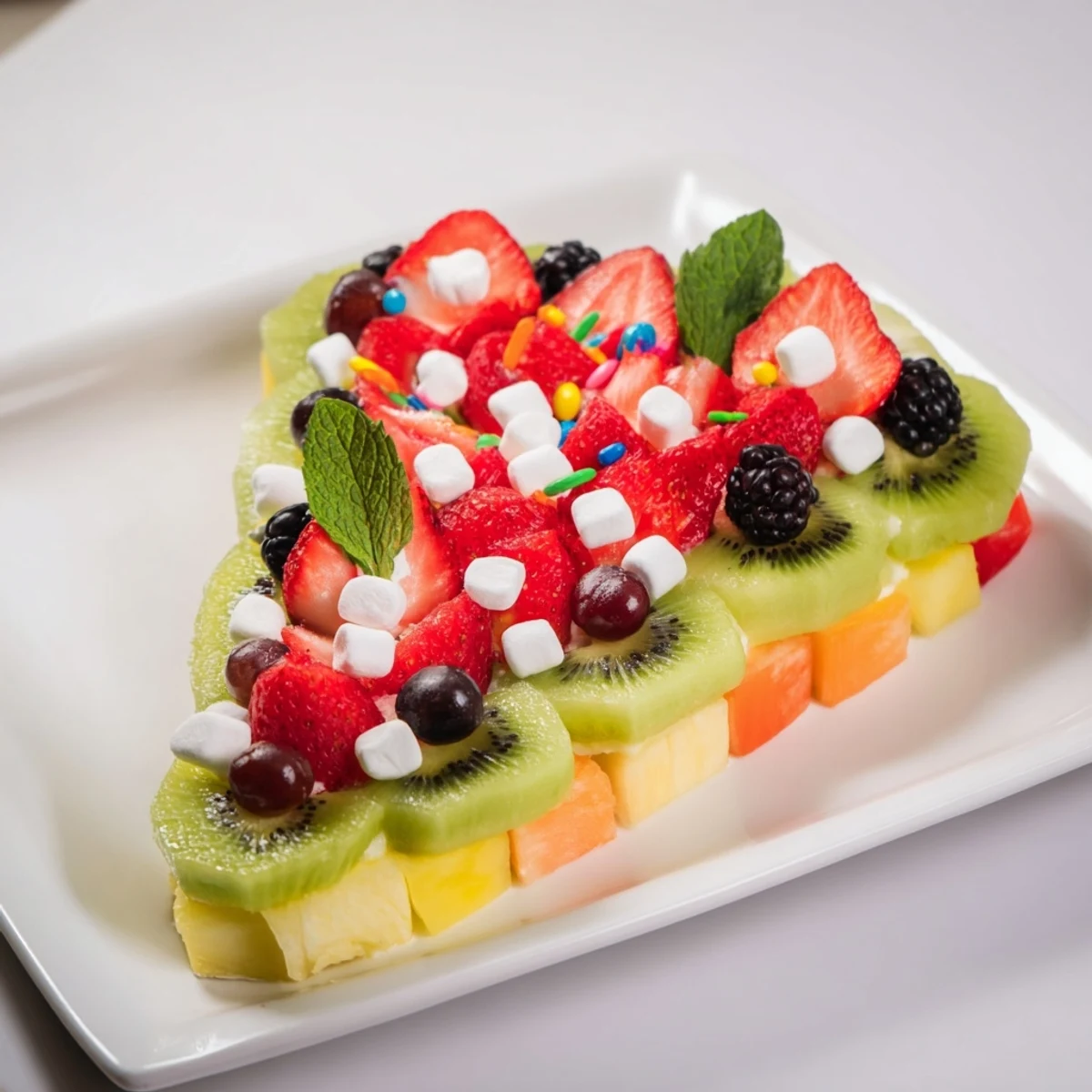 Vibrant Happy Birthday Cake Slice Fruit Board featuring colorful, delicious fruit and marshmallow "frosting".