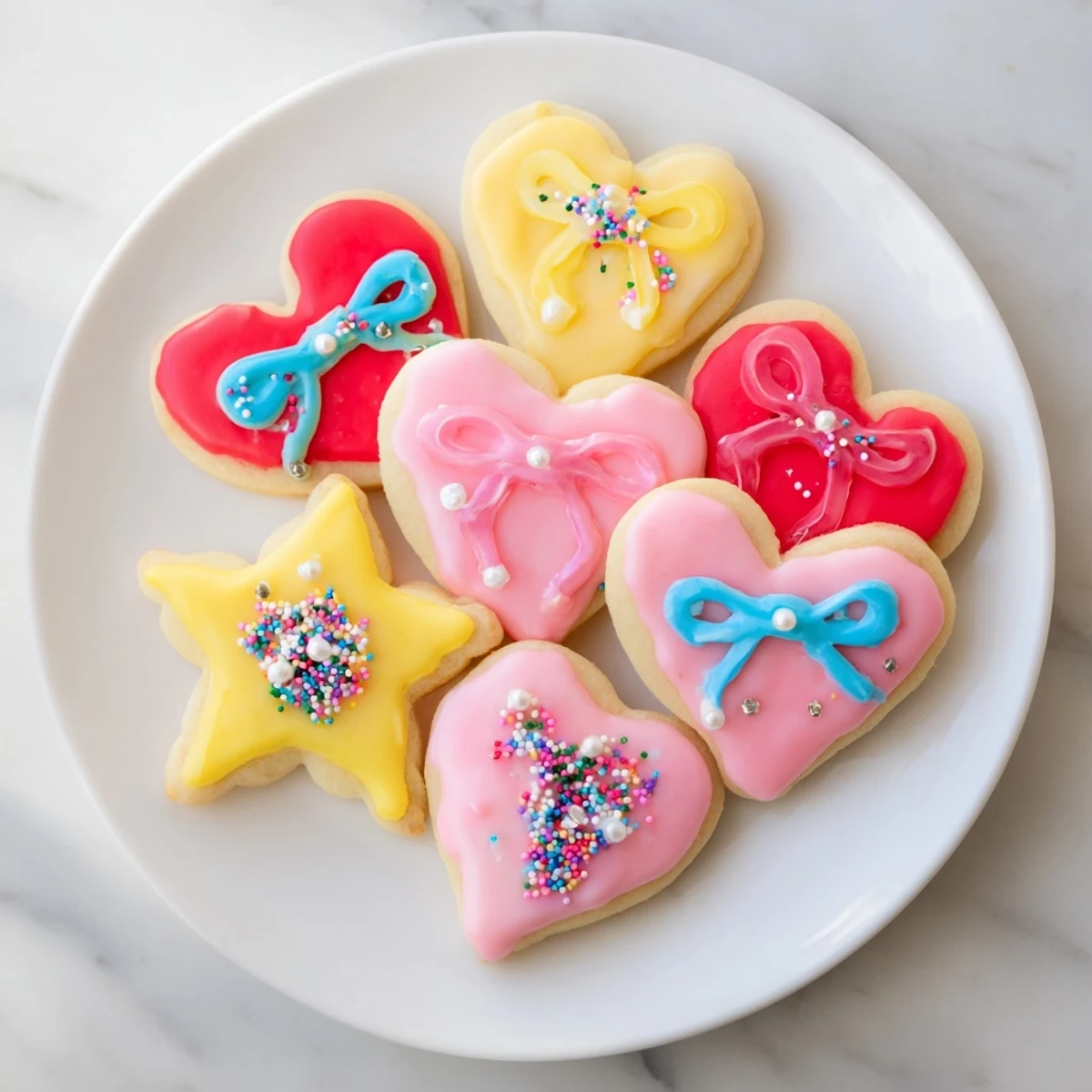 Pretty Bows Heart & Star Cookies gleaming with colorful icing and festive sprinkles, ready to enjoy.