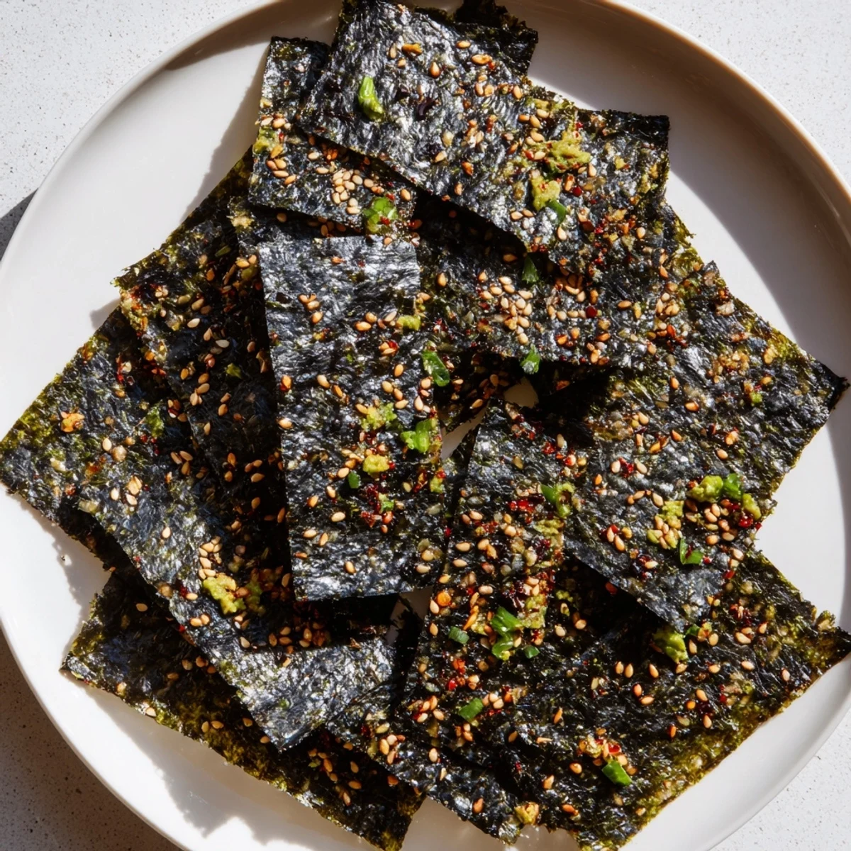 Golden-brown Snacks de Vague Surf, a crispy seaweed delight, ready to serve as a flavorful snack.