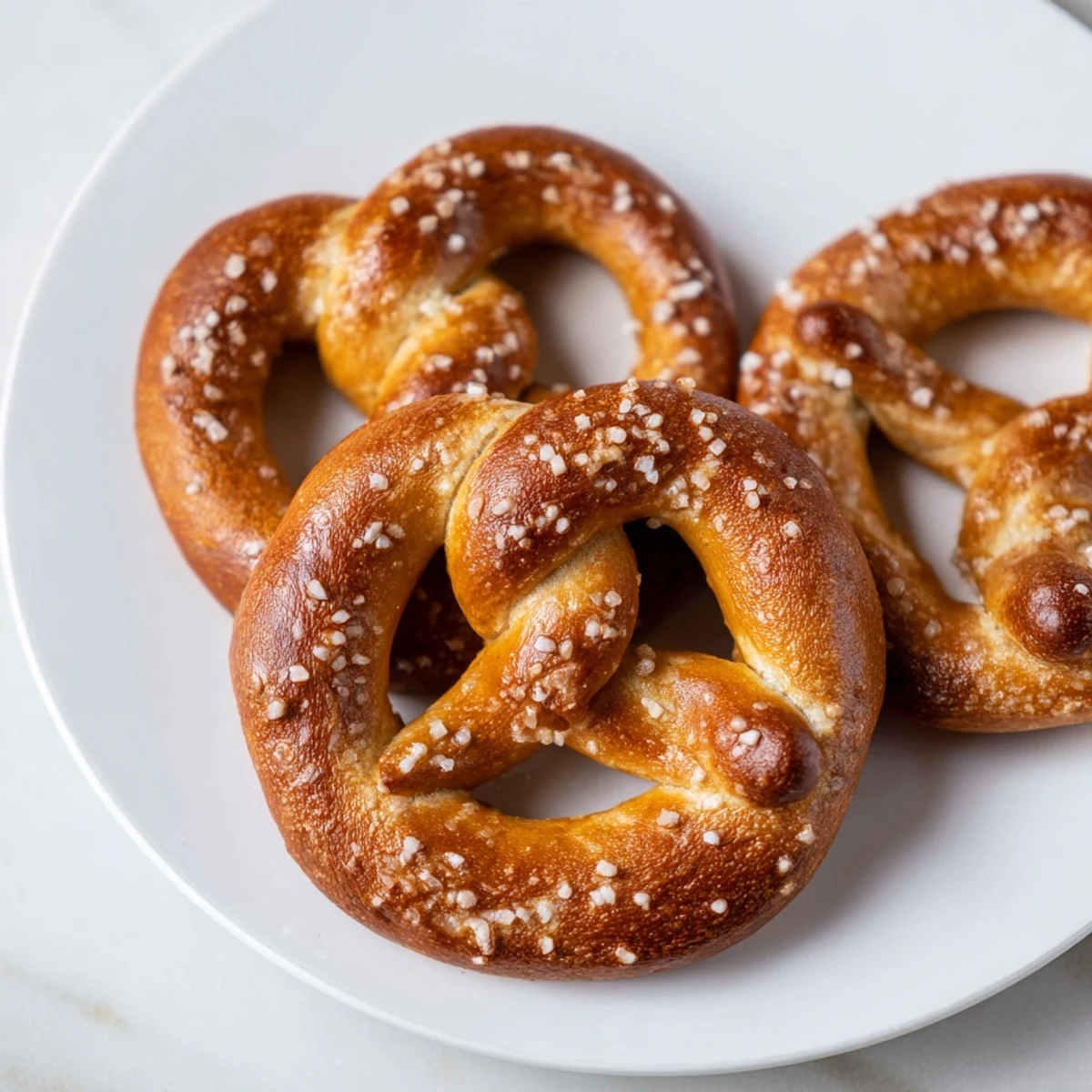 Golden-brown Bretzels Anneau de Fête, shaped into rings, glistening with coarse sea salt, ready to eat.