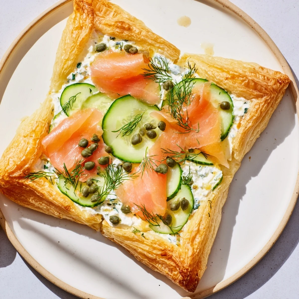Close-up of elegant Étoiles Filantes Assiette de Fin dAnnée: puff pastry, salmon, capers, and fresh herbs.