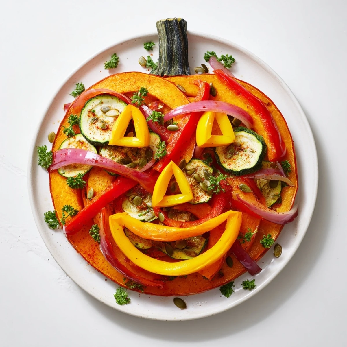 Roasted Pumpkin Lantern Halloween Plate, a colorful and delicious vegetarian appetizer for Halloween.