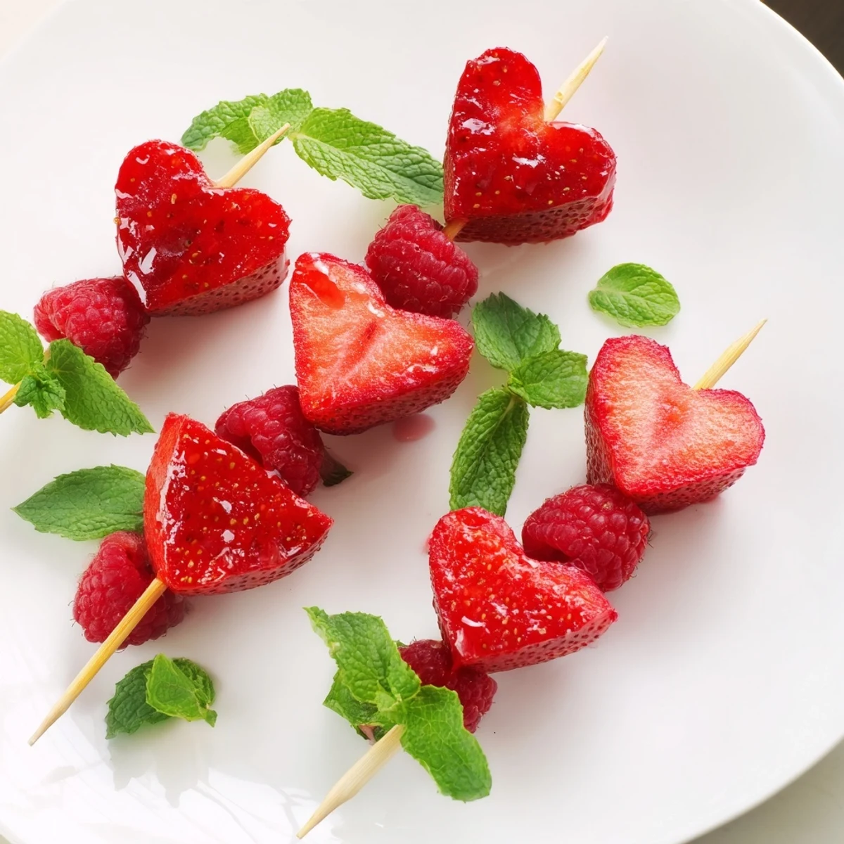 Red heart fruit skewers: vibrant dessert skewer arrangement with strawberries and watermelon hearts, ready to enjoy.