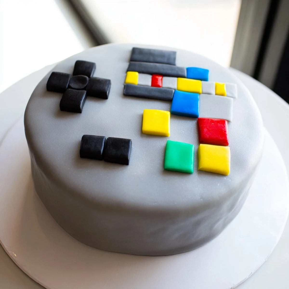 This fun and colorful, fondant-covered pixel video game controller cake is a delicious dessert.