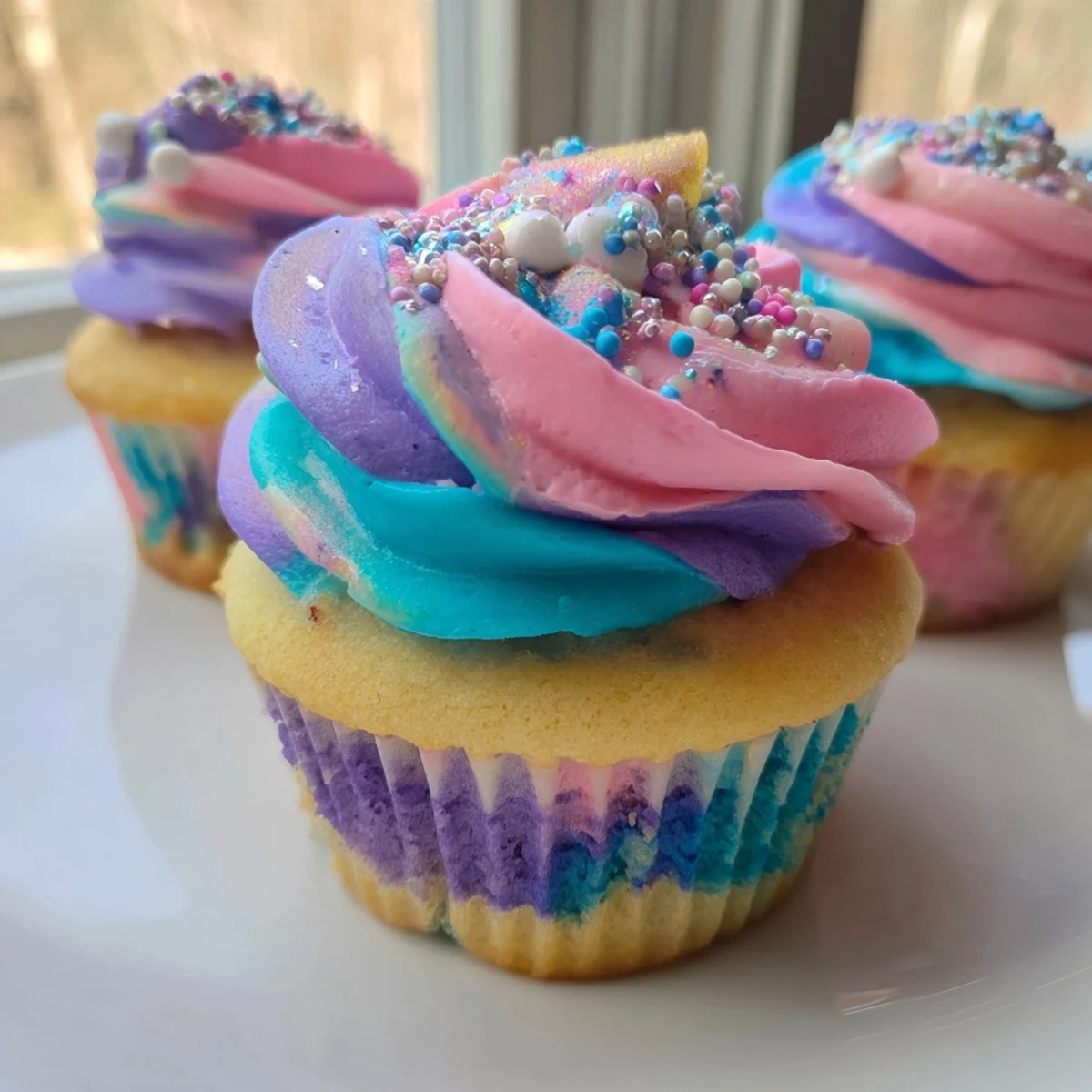 This delightful image shows the Magical Unicorn Dessert Table overflowing with whimsical cupcakes and cookies.