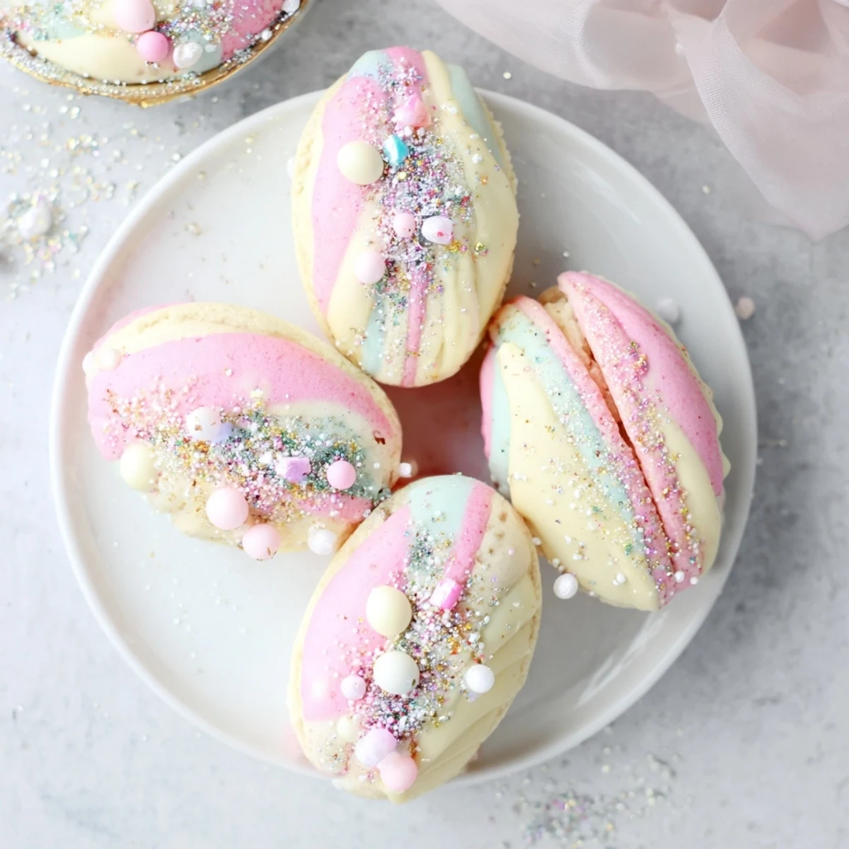 Beautifully decorated Mignardises Queue de Sirène, showing a selection of fancy French petits fours, ready to serve.
