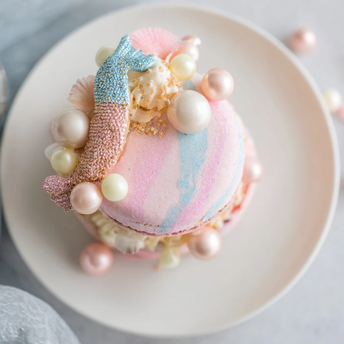 Mignardises Queue de Sirène, pastel-colored mermaid tail madeleines dipped in white chocolate and shimmering sprinkles.