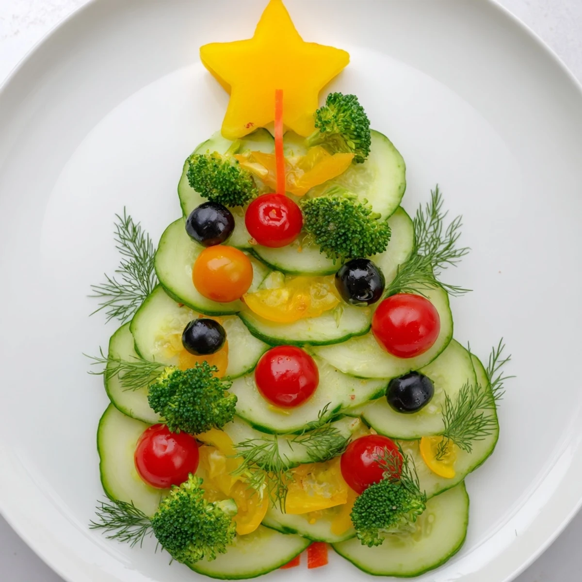 Festive Tree Cucumber Tomato Platter with vibrant tomatoes and cucumbers, ready to be enjoyed as a refreshing appetizer.