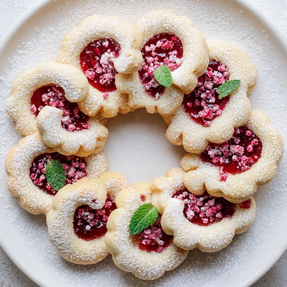 A close-up of a festive sweet wreath showing raspberry jam filling between delicate cookies, ready to eat.