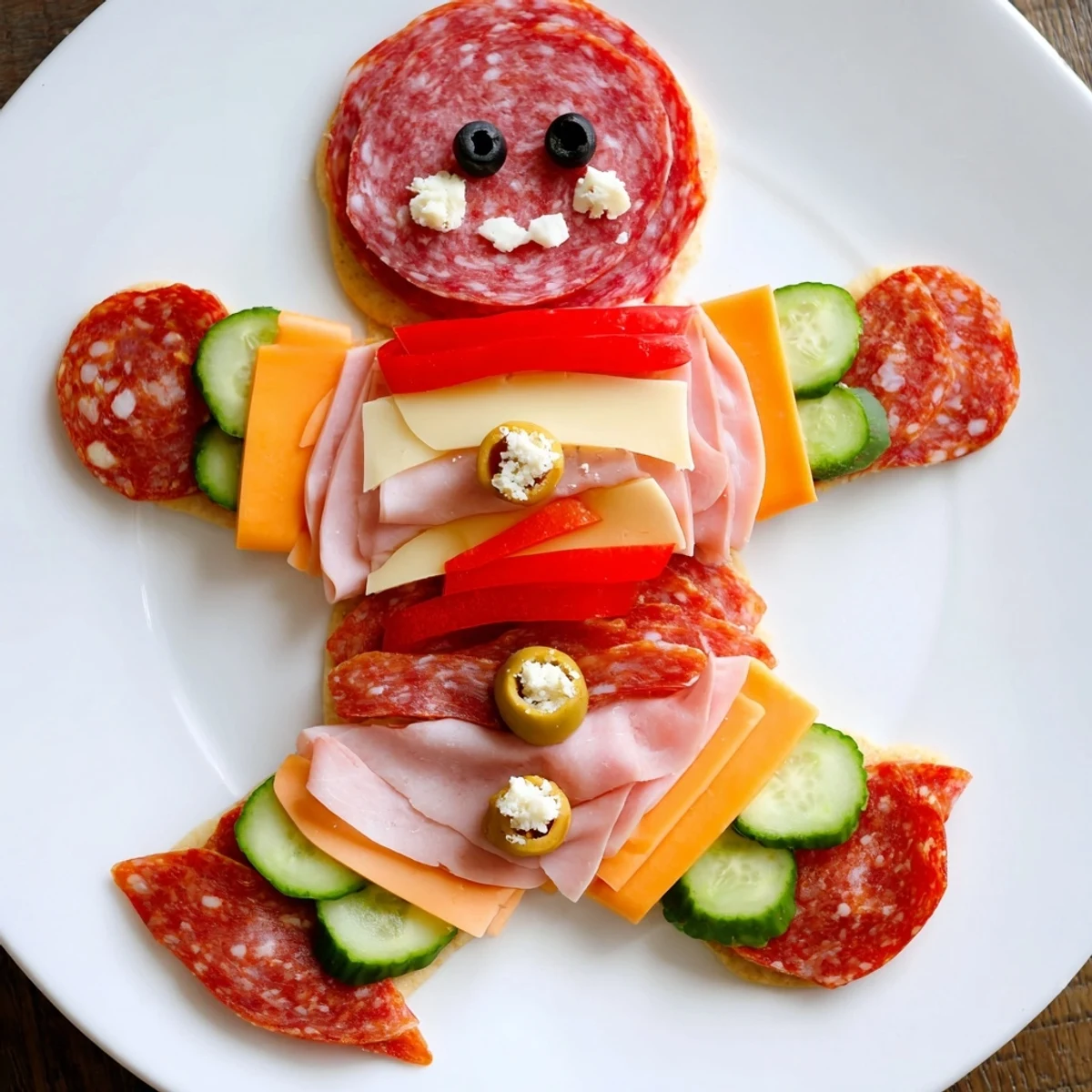 Savory gingerbread man charcuterie: a festive spread of meats, cheeses, and colorful vegetable garnishes.