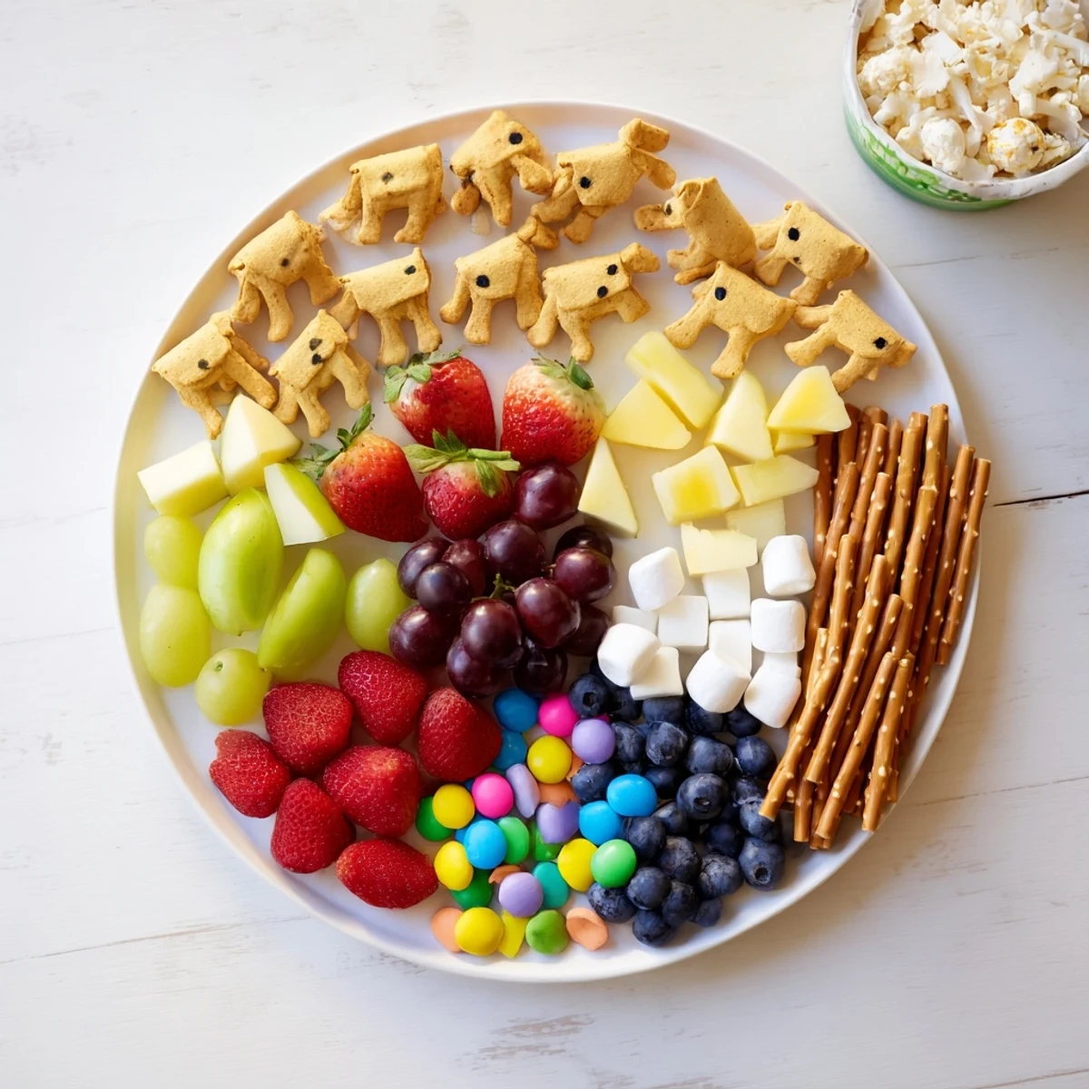 Vibrant Animal Cracker Safari Board featuring colorful fruits, yogurt dip, and playful animal crackers.