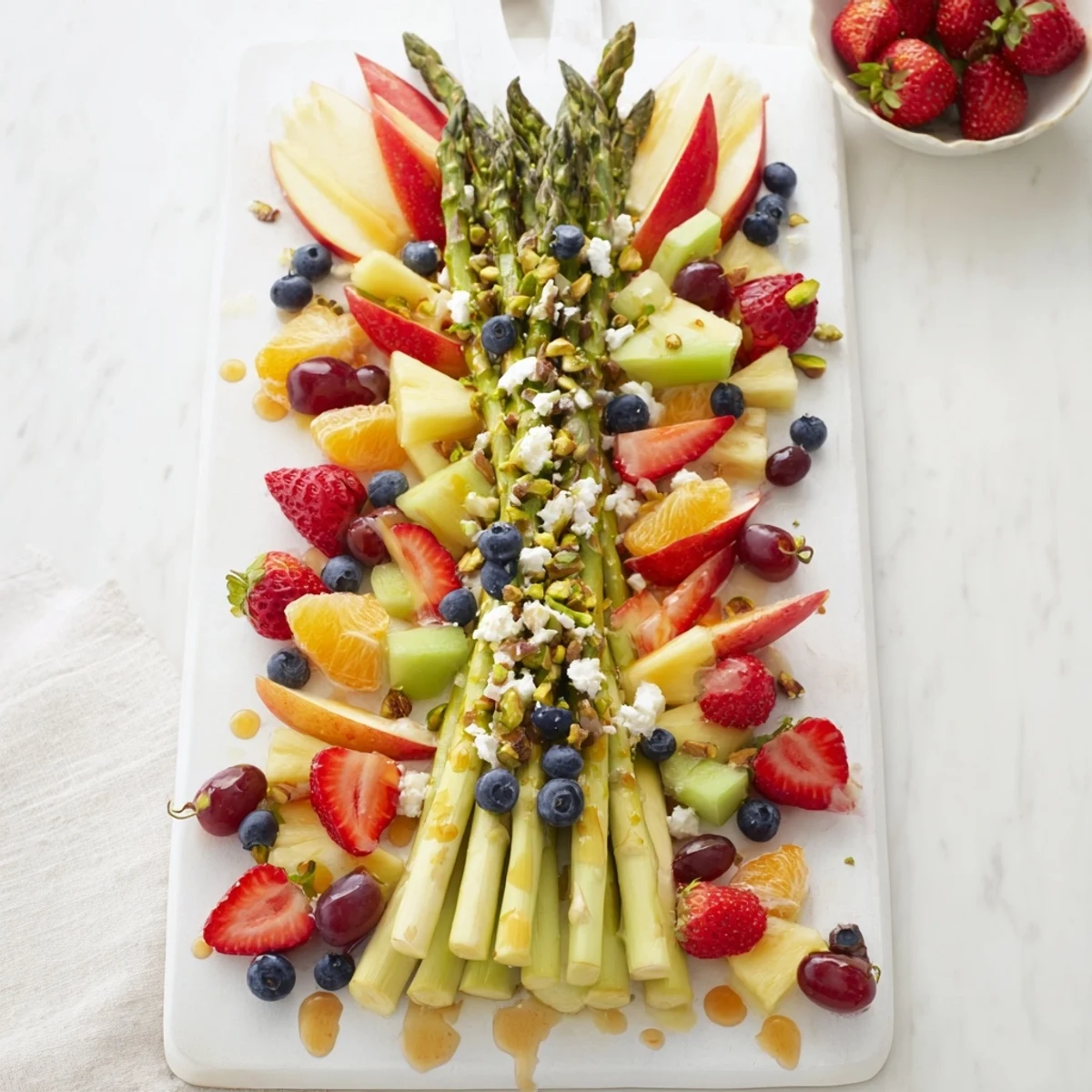 Imagine the flavors! This Asparagus Stem Floral Fruit Board showcases apples, kiwis, and a drizzle of honey.