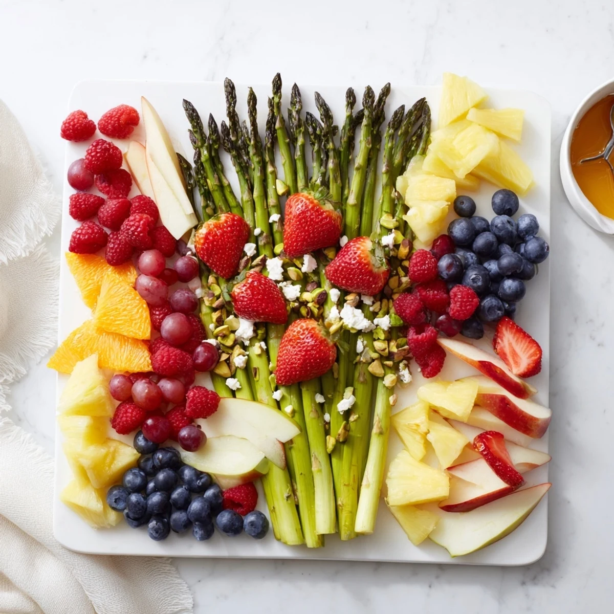 Colorful asparagus stem floral fruit board with juicy strawberries, grapes, and sweet orange segments.