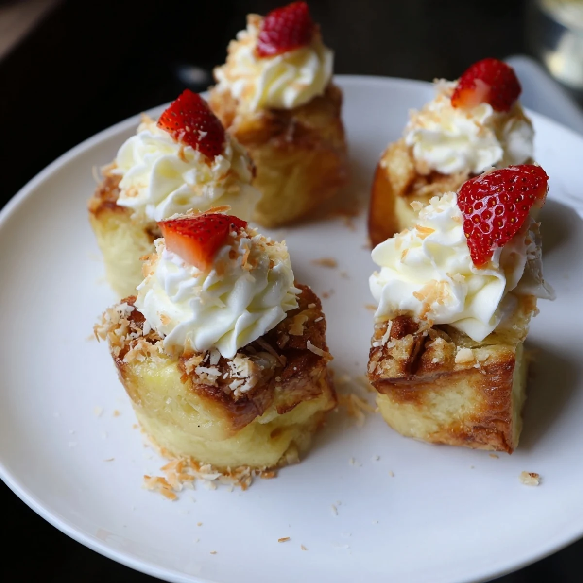Golden Santa Hat Bread Pudding Bites, finished with whipped cream and a ripe strawberry, ready to eat.