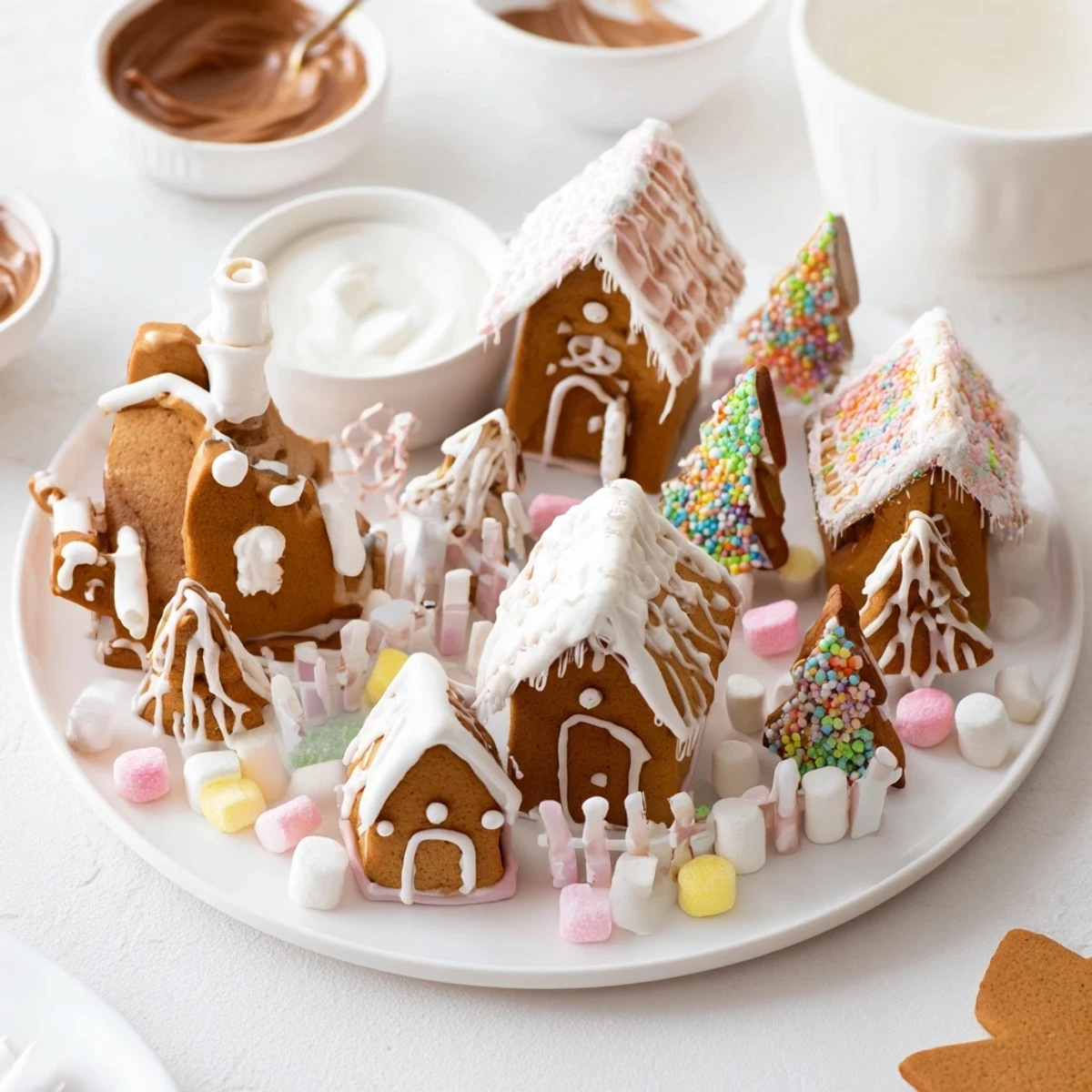 Festive gingerbread village dessert board featuring decorated cookies, sweet dips, and colorful candies.