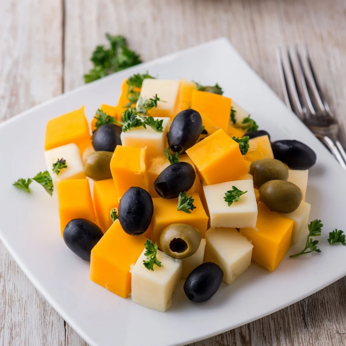 A vibrant photo shows a Cheese and Olive Chess Board with alternating cheese and olive squares.