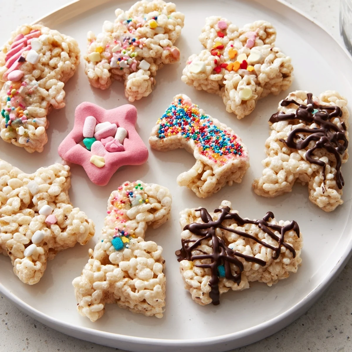Festive cookie cutter shaped Rice Krispies Treats, ready to decorate for any celebration with sprinkles.