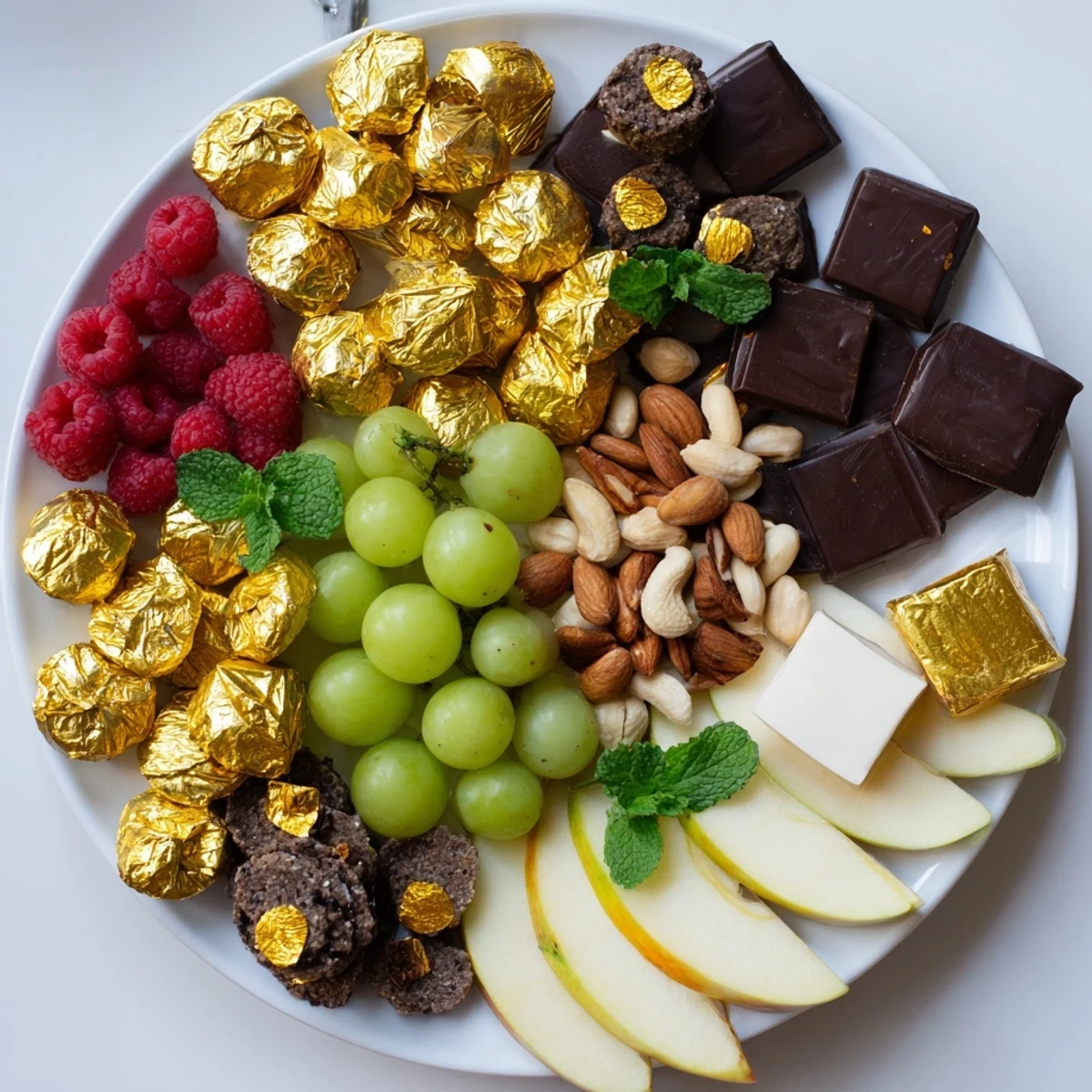 Magnificent New Year's Gold Foil Wrapped Chocolate Board, overflowing with beautiful fruit and treats.